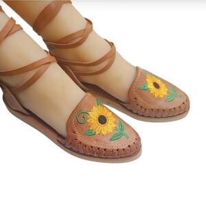 Tan and Yellow Floral Embroidered Flats